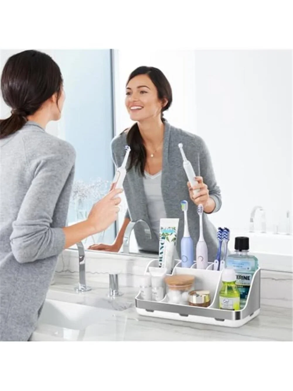 Bathroom Organizer Toothbrush Holder Countertop Storage 2 Tier 7 Slot Tray